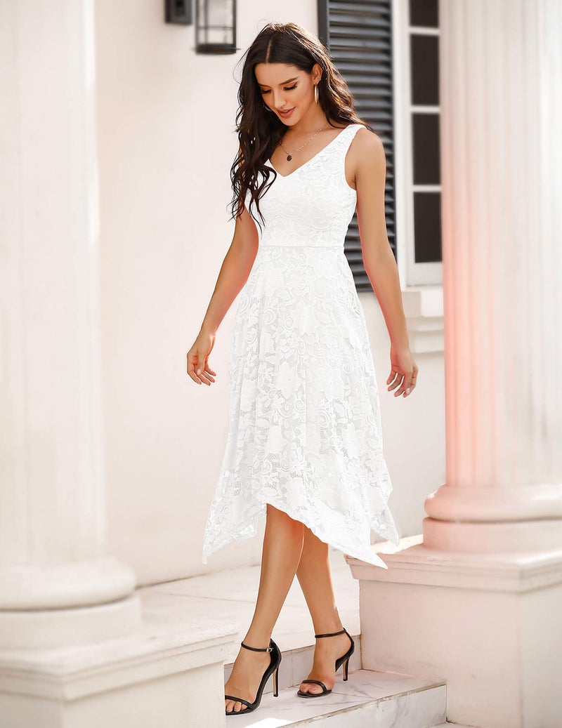 Meetjen Elegant V-Neck Cocktail Dress Formal Irregular Hem Sleeveless Wedding Dresses for Bride A-line Fancy White M - Image 5
